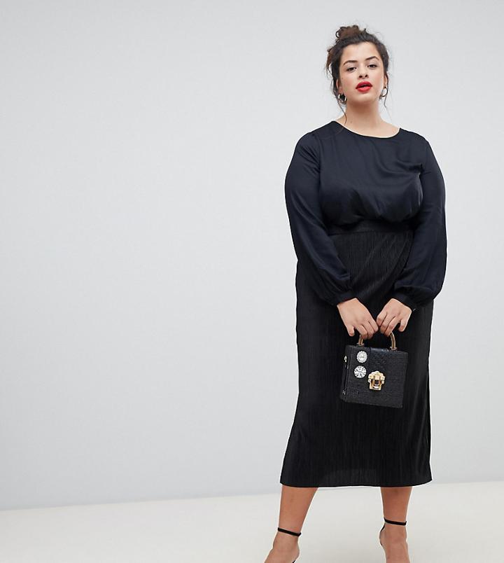 River Island Plus Plisse Midi Skirt In Black - Black