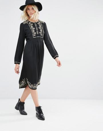 Gat Rimon Lori Long Sleeve Embroidered Dress - Noir