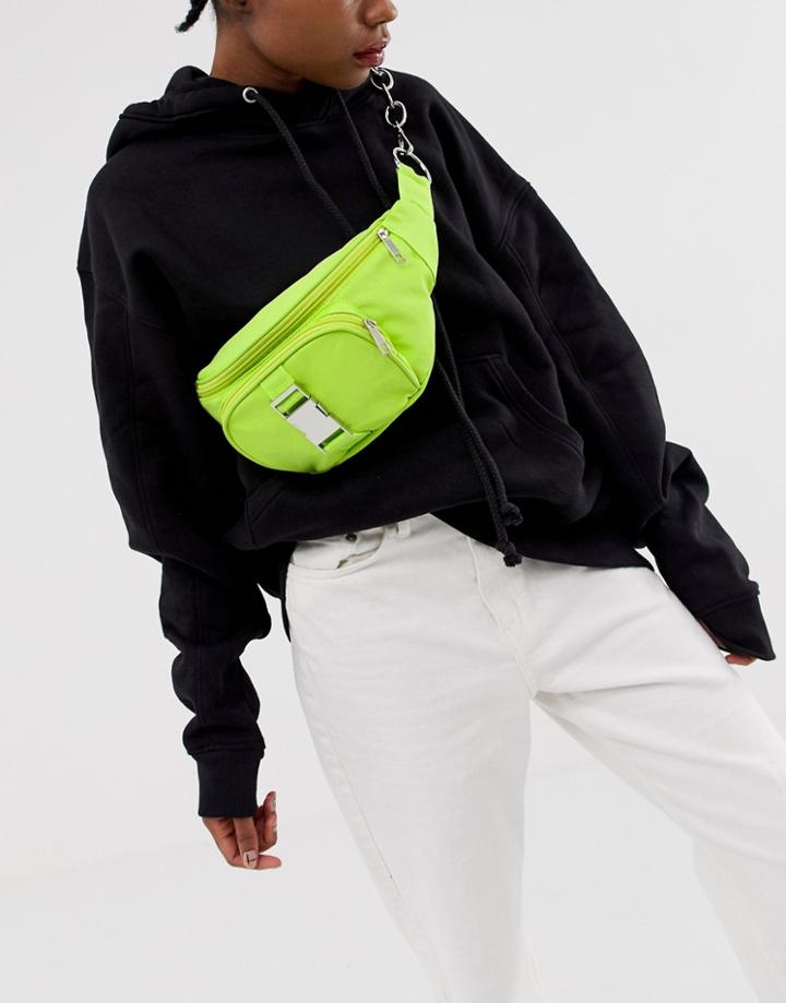 Asos Design Seat Belt Buckle And Chain Detail Fanny Pack-green