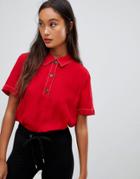 Bershka Contrast Stitch Button Top Blouse - Red