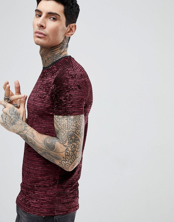 Asos T-shirt In Crushed Velour Rib In Oxblood - Red