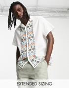 Asos Design Relaxed Camp Collar Shirt In Linen Mix With Embroidered Border-neutral