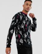 Asos Design Knitted Sweater In Handdrawn Floral Design In Black