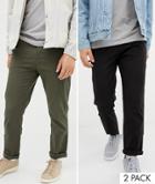 Asos Design 2 Pack Slim Chinos In Khaki/black Save - Multi