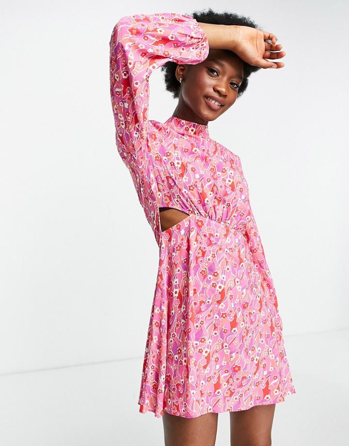 Miss Selfridge Cut Out Fit & Flare Dress In Geo Floral Print-pink