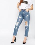 Asos Original Mom Jeans In Waterfall Mid Stonewash With Rips And Busts - Waterfall Mid Stone