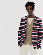 Asos Design Skinny Blazer With Horizontal Stripe In Navy And Red - Navy