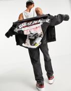 Liquor N Poker Oversized Denim Jacket In Black With Graphic Placement Patchworking