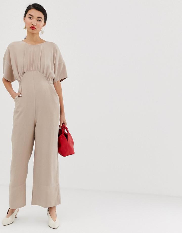 Lost Ink Relaxed Minimal Jumpsuit With Kimono Sleeves - Beige