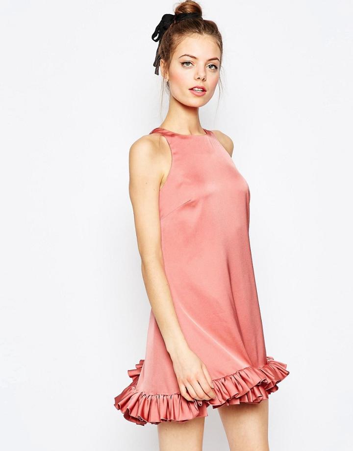 Asos Mini Shift Dress With Ruffle Hem - Dusty Pink
