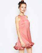 Asos Mini Shift Dress With Ruffle Hem - Dusty Pink