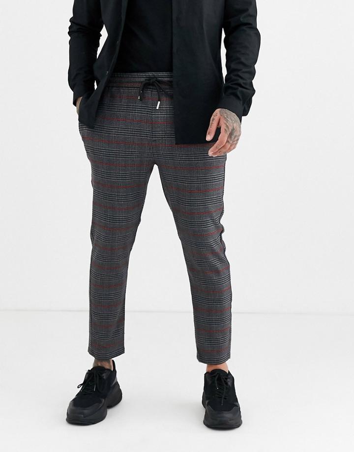 Only & Sons Elastic Waist Side Stripe Check Pants In Gray