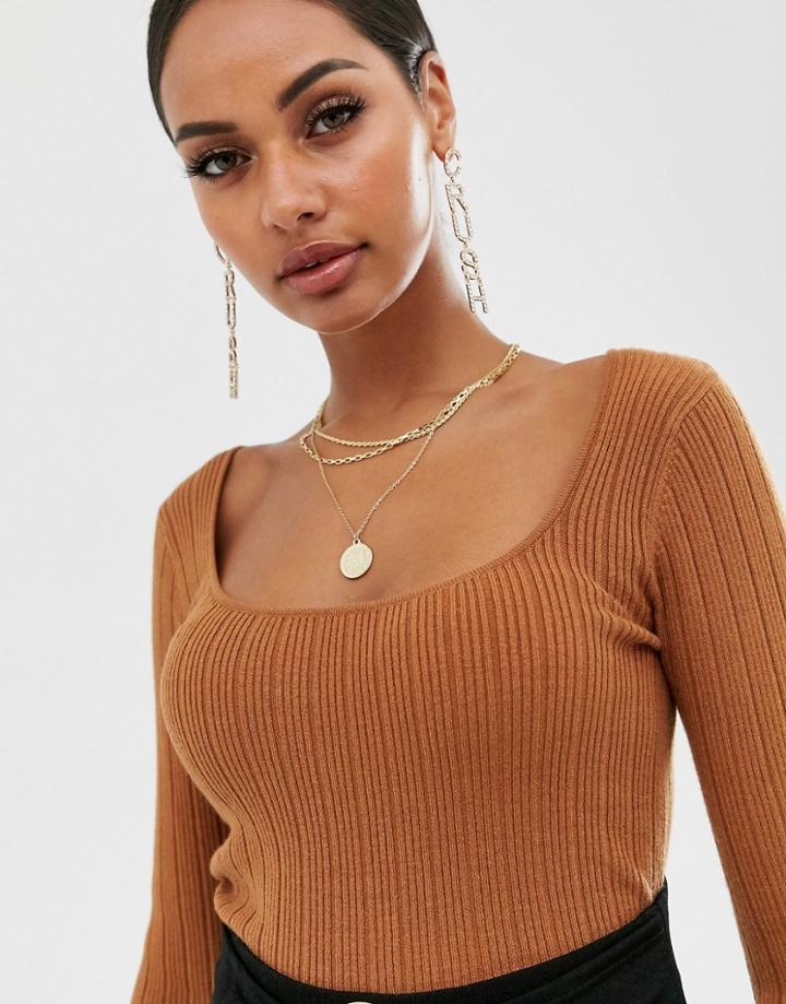 Asos Design Scoop Neck Long Sleeve Sweater In Fine Knit Rib - Stone