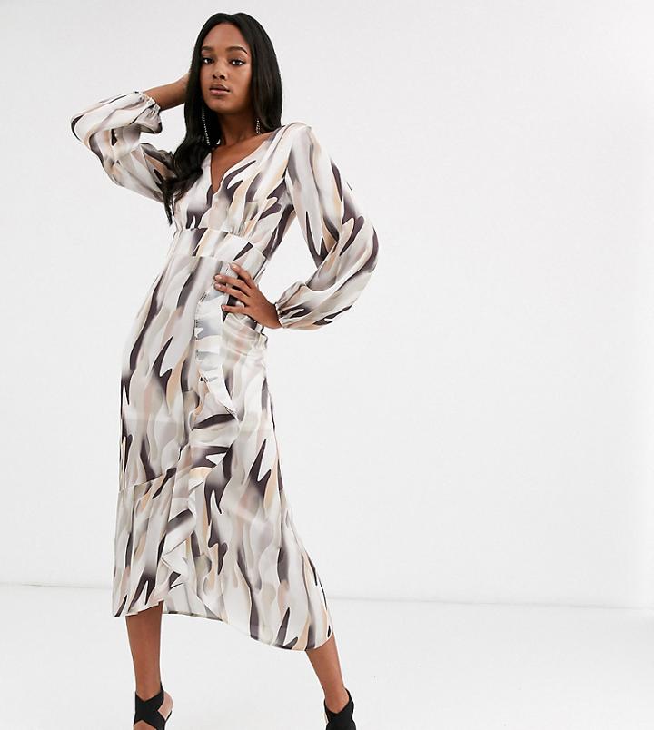 True Violet Exclusive Plunge Front Wrap Midaxi Dress In Brown Print - Brown
