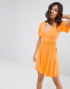 Asos Shirred Waist Tea Dress With Frill Sleeve - Orange