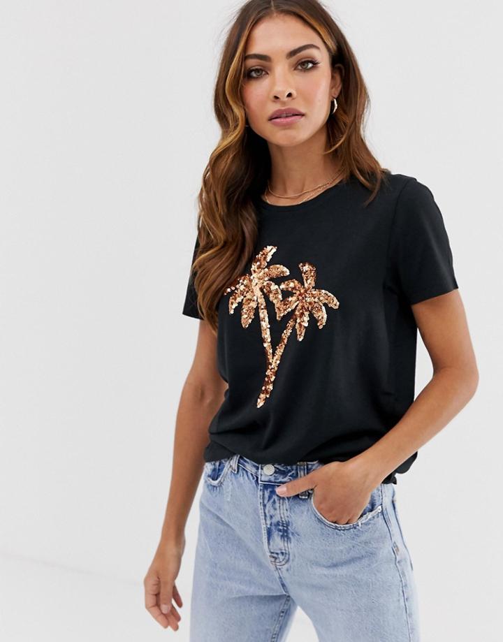 B.young Sequin Palm Tree T-shirt - Black
