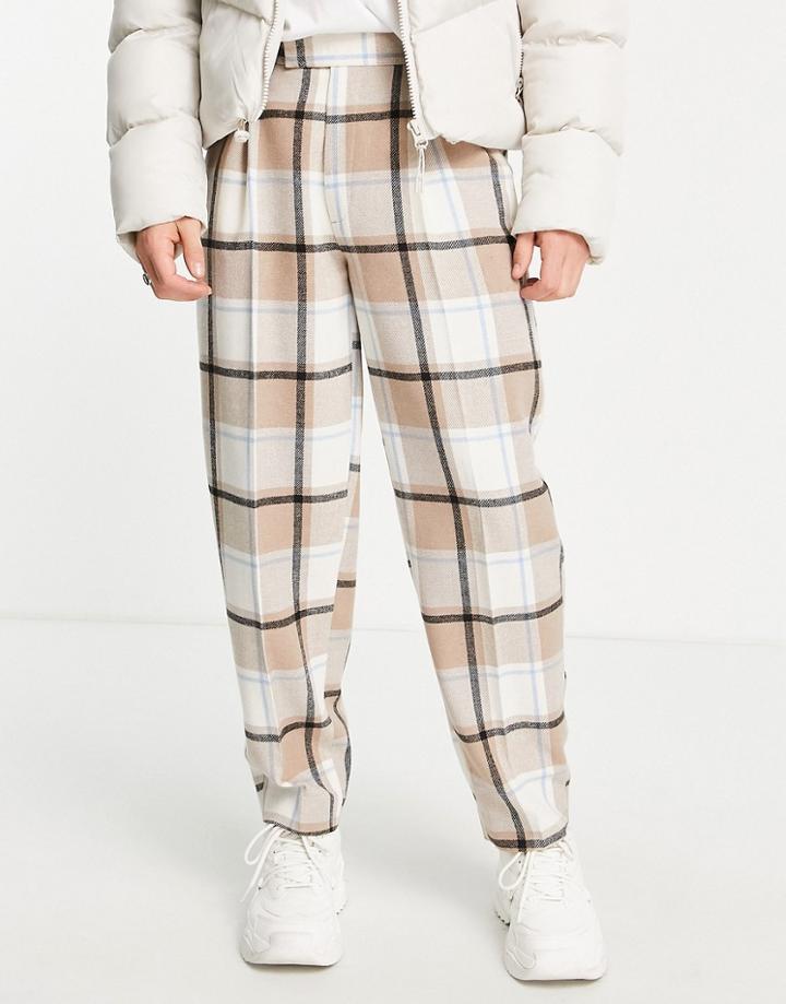 Asos Design Oversized Tapered Wool Mix Smart Pants In Large Scale Ecru Check-neutral