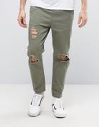 Asos Slim Cropped Chino Joggers With Knee Rips In Khaki - Green