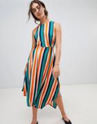 Warehouse Rainbow Stripe Slinky Elastic Waist Midi Dress - Multi