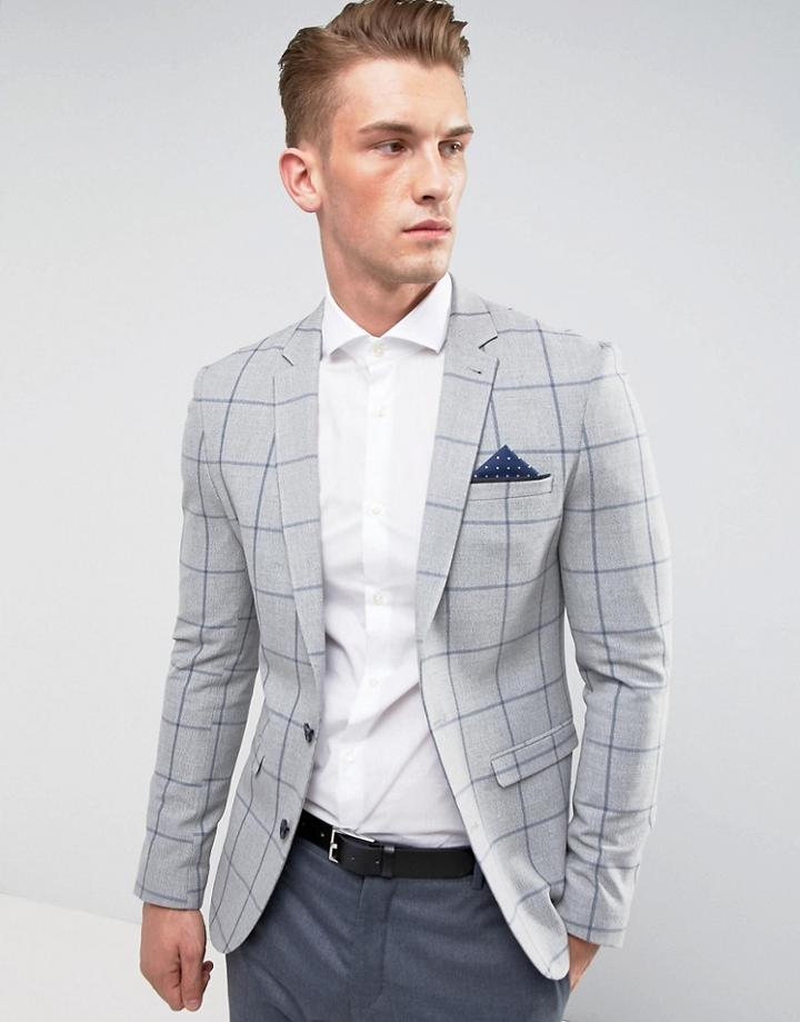 Asos Super Skinny Blazer In Navy Check - Navy