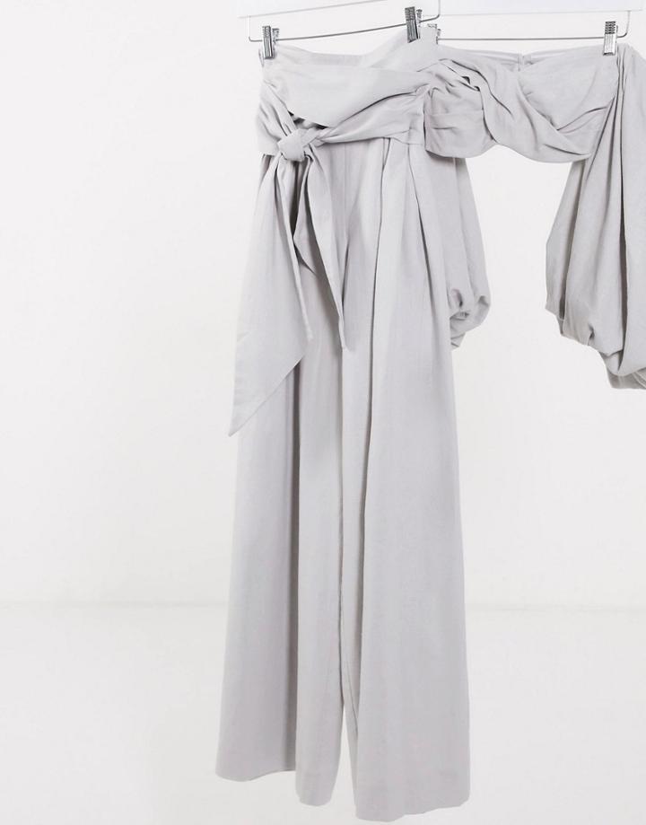 Asos Edition Super Wide Leg Pants With Tie Front In Gray Two-piece-grey
