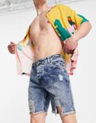 Good For Nothing Denim Shorts In Vintage Blue Acid Wash With Heavy Distressing-blues