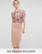 Frock And Frill Tall Overlay Midi Pencil Dress With Floral Embellishment & Wrap Front Skirt - Pink