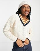 Topshop Knit Varsity Cable Sweater In Cream-white