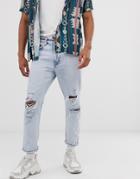 Bershka Slim Fit Cropped Jeans With Shoelace Belt In Light Blue - Blue