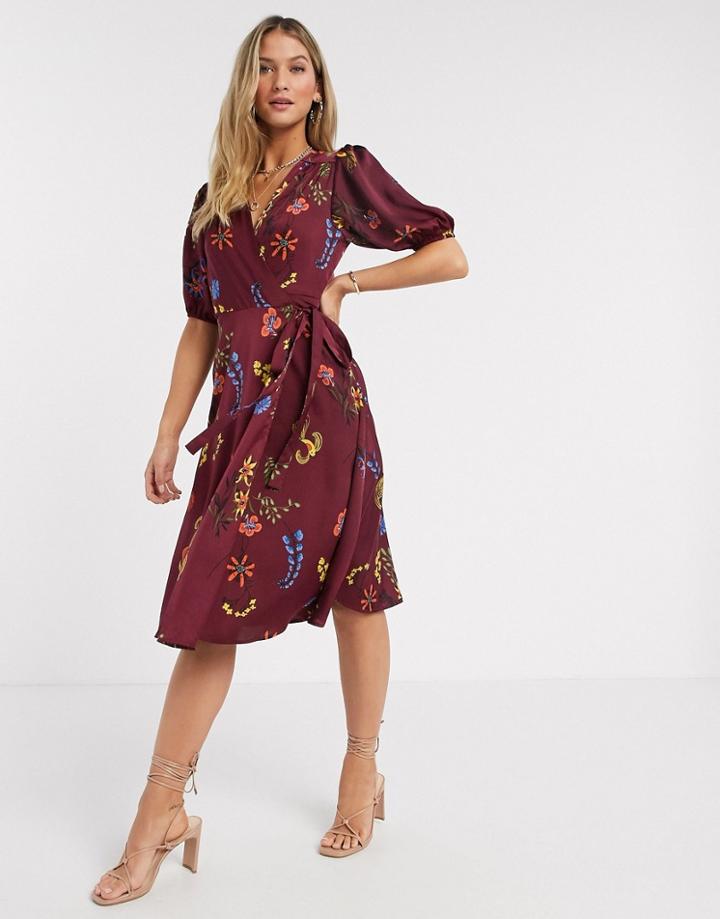 Liquorish Wrap Midi Dress In Burgundy Floral Print-brown