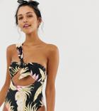 River Island One Shoulder Swimsuit With Knot Front In Tropical Print - Multi
