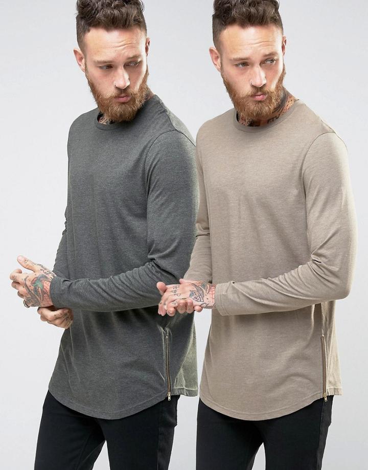 Asos Super Longline Long Sleeve T-shirt With Curve Hem And Zip 2 Pack