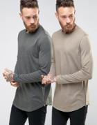 Asos Super Longline Long Sleeve T-shirt With Curve Hem And Zip 2 Pack