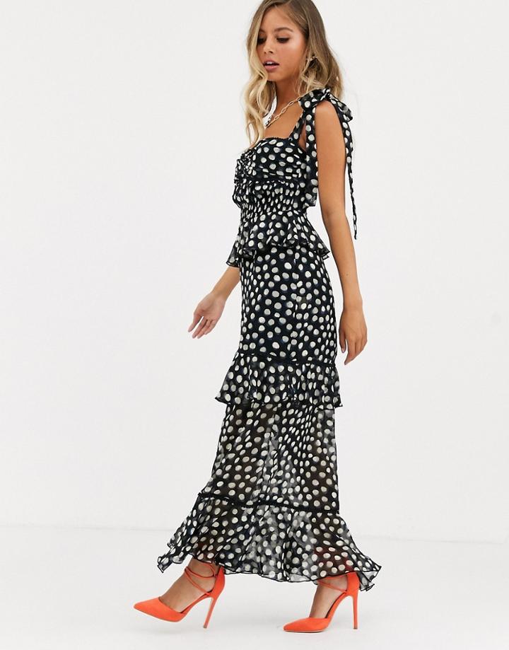 Dark Pink Tiered Midaxi Dress With Tie Shoulder Detail In Mixed Polka Print-multi