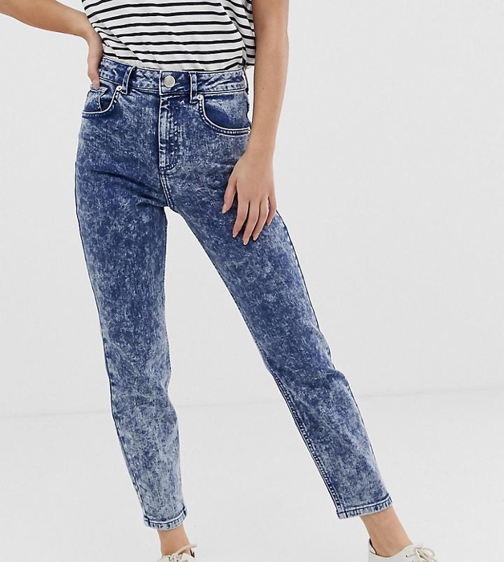 Asos Design Petite Recycled Farleigh High Waisted Slim Mom Jeans In Bright Blue Grainy Acid Wash