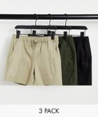 Asos Design 3 Pack Slim Chino Shorts With Elastic Waist Save-multi