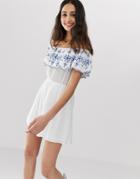En Cr Me Bardot Mini Dress With Embroidered Frill Detail - White