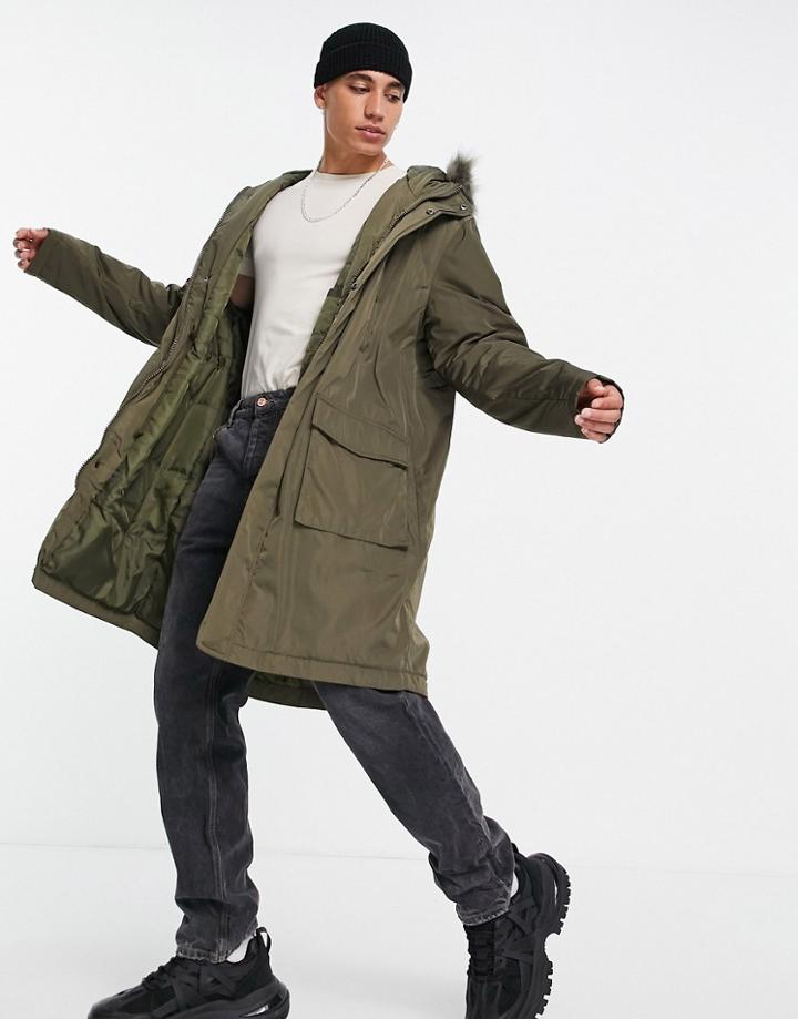 Asos Design Parka Jacket In Green With Faux-fur Trim Hood
