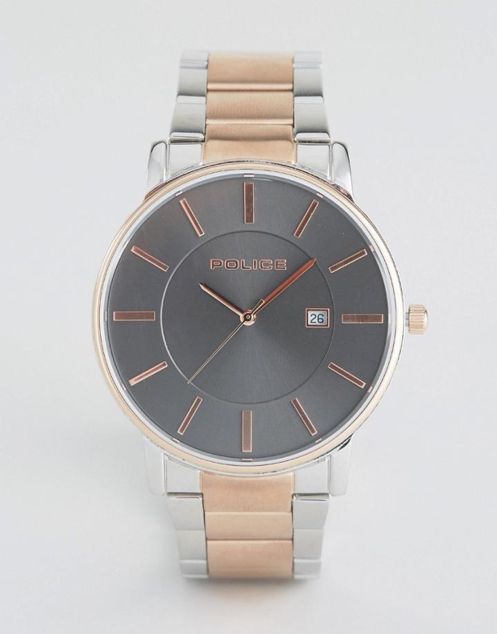 Police London Watch Silver And Rose Gold Strap With Brown Dial - Silver