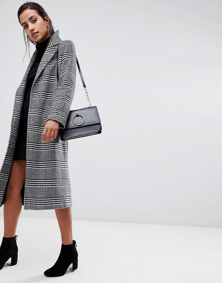 Helene Berman Rever Collar Oversized Houndstooth Check Coat In Wool Cashmere Blend - Black