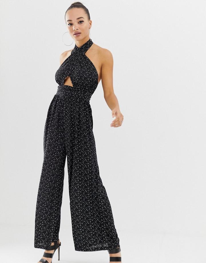 Parallel Lines Wrap Around Wide Leg Jumpsuit-black