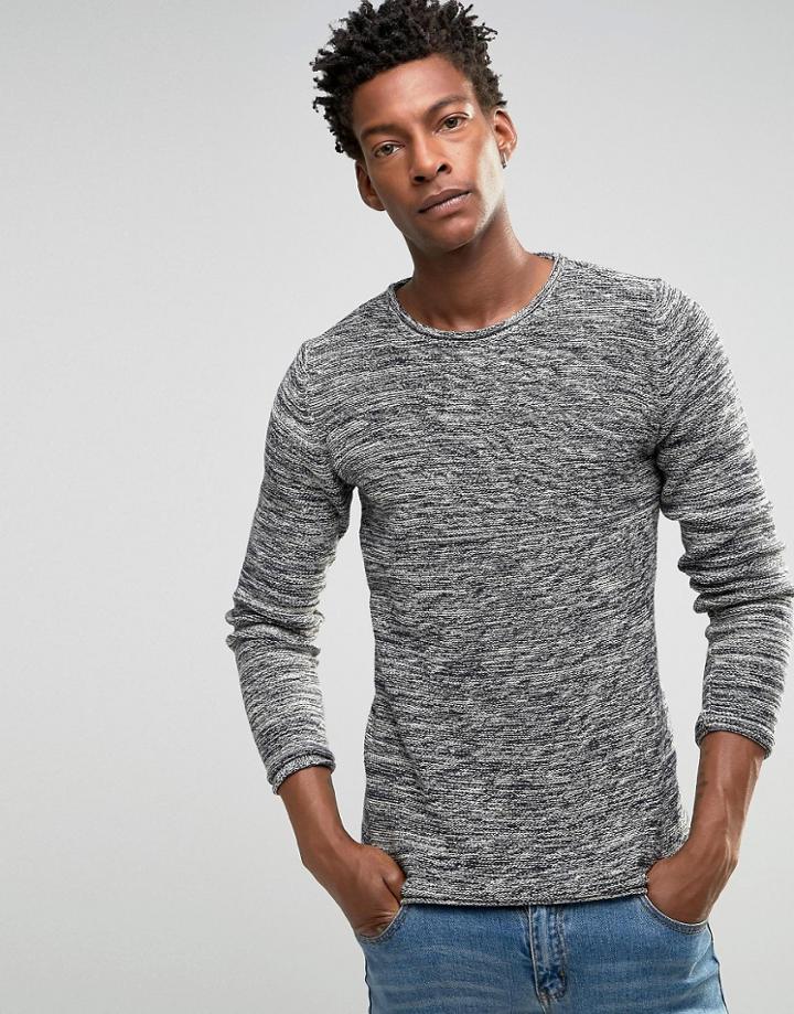 !solid Knitted Sweater In Mixed Yarns - Navy
