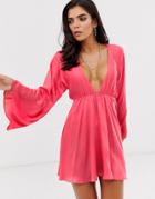 Asos Design Satin Twist Back Beach Cover Up In Hot Pink