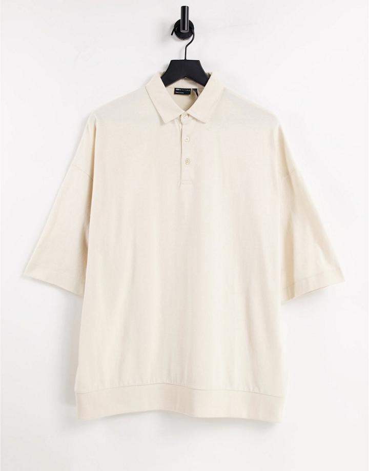 Asos Design Oversized Polo With Half Sleeve In Brushed Cotton In Beige-neutral