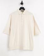 Asos Design Oversized Polo With Half Sleeve In Brushed Cotton In Beige-neutral