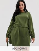 Asos Design Curve Ruched Waist Chuck On Mini Dress - Green
