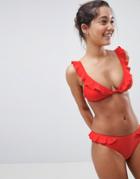 Warehouse Frill Detail Bikini Top - Red