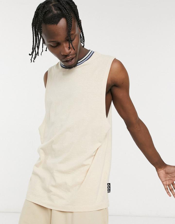 Asos Design Relaxed Tank In Beige With Tipping And Branded Patch-neutral