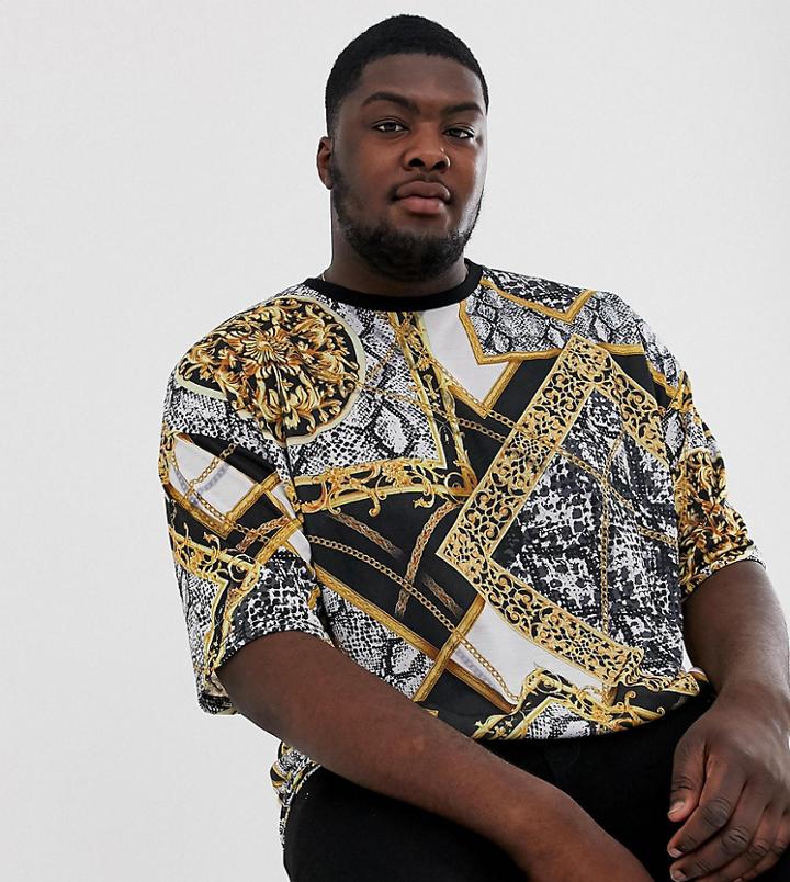 Asos Design Plus Oversized T-shirt With All Over Baroque Print - Black