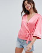 Asos Design Wrap Top With Tie Side - Pink